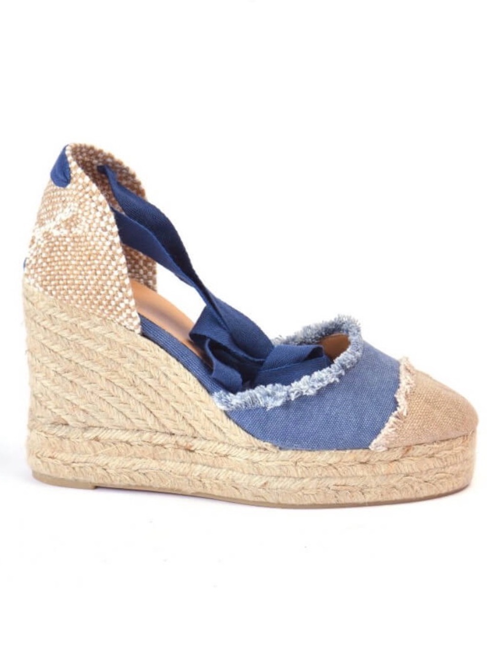 Castaner Catalina Blue and Tan Wedge Espadrille with Tie Straps